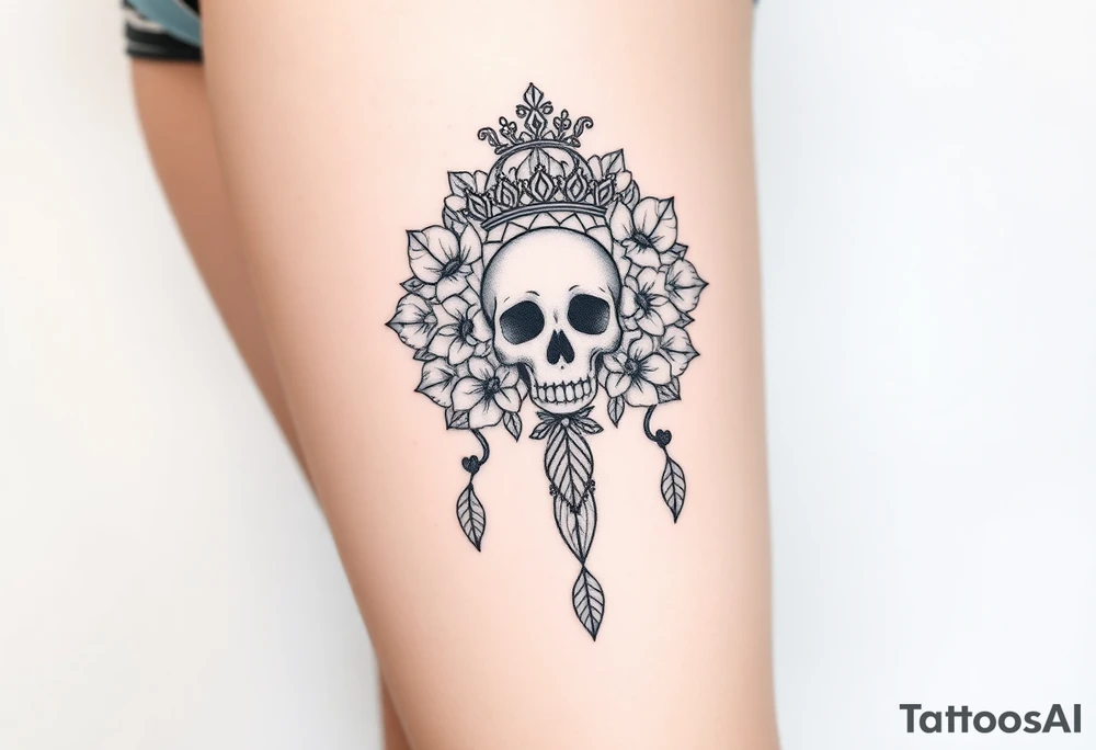 Mandala dream catcher lace with delicate skull and flowers wearing elegant crown tattoo idea