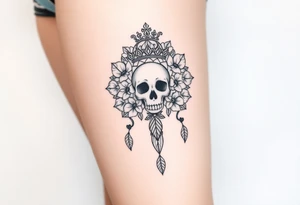 Mandala dream catcher lace with delicate skull and flowers wearing elegant crown tattoo idea