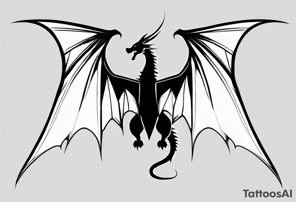 Symmetrical, Realistic dragon, facing forward. With both wings spread out. Torn look to wings. Tails wraps down and has a morning star weapon at the end of tail. The tattoo would be suitable for the centre of a chest tattoo idea