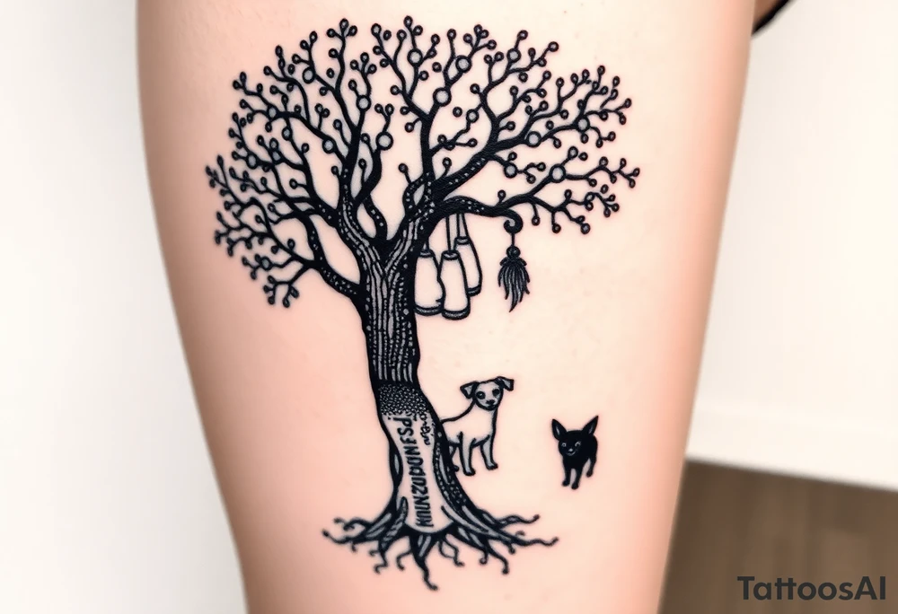 Hippy beech tree full of life. 
Jamie, Derek, Iris, John, bill, Winnie names in the roots, Mavis, Garhi, Mickey, Pam, Lucy, in the branches at the top. Names can be in Hebrew. 
Three dogs a Rhodesian Ridgeback, King Charles cavalier and chihuahua. 
Prett, feminine ornate. Boxing gloves hanging from tree tattoo idea