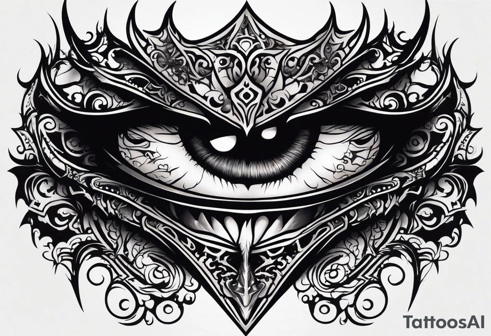 Create a dark tattoo design. The tattoo appears to be a detailed, realistic illustration of a sinister, demonic face. The face has intense features, including large, menacing eyes, a sharp, pointed nose, and a mouth filled with sharp, jagged teeth. He sticks out his long tongue. The design incorporates deep shadows and highlights, giving it a three-dimensional, almost lifelike appearance. Overall, the tattoo creates a haunting and powerful visual effect. tattoo idea