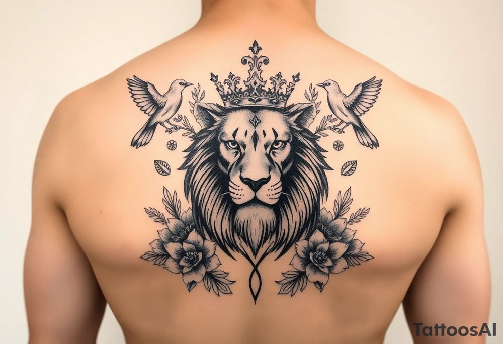 powerful majestic lion with a crown, surrounded by floral ornaments and birds tattoo idea