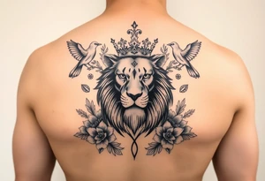 powerful majestic lion with a crown, surrounded by floral ornaments and birds tattoo idea