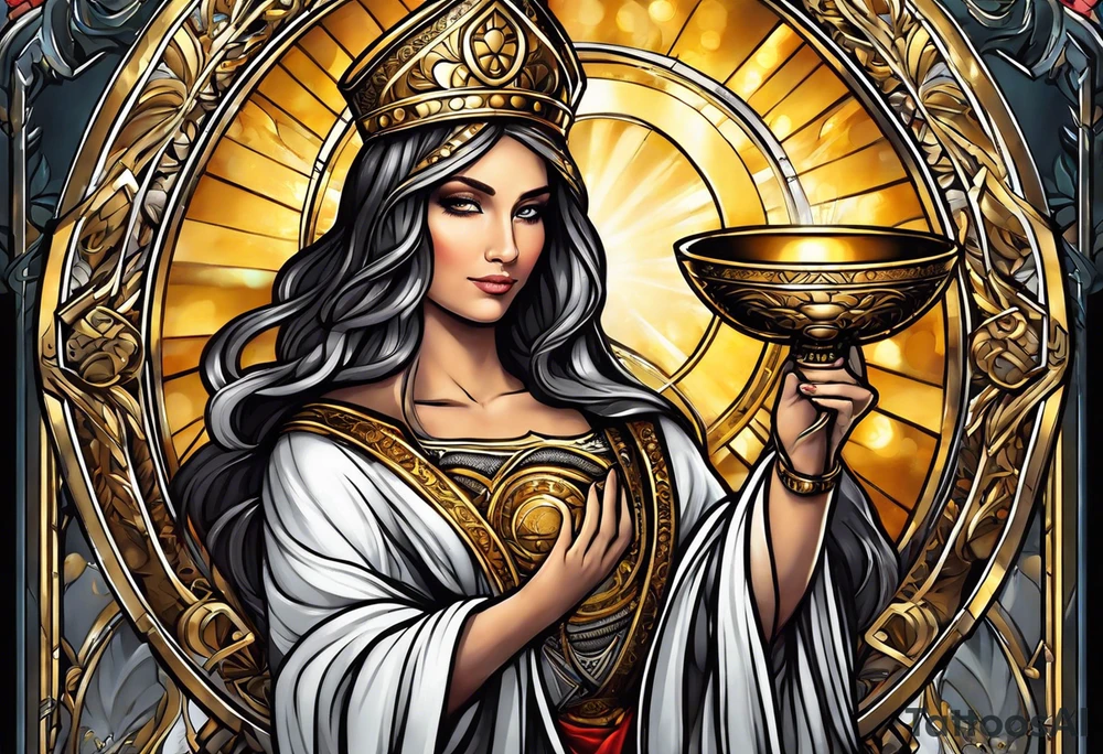 woman saint holding chalice surrounded by golden halo portrait tattoo idea