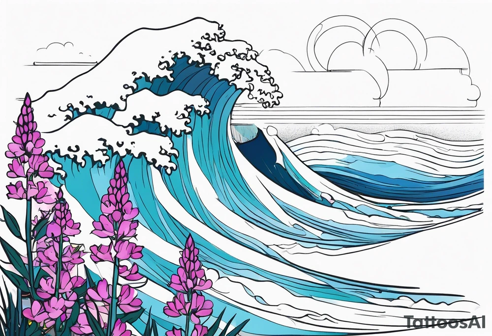 ocean wave surrounded by lupin and fireweed tattoo idea
