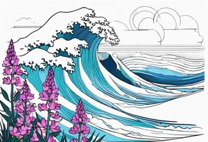 ocean wave surrounded by lupin and fireweed tattoo idea