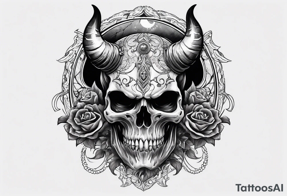 Devil skull  with hollow eyes and  horns holding the earth tattoo idea