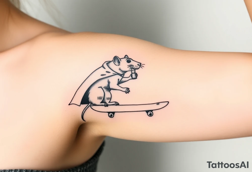 Old rat with a cloak and monocle leaning on a skatebord tattoo idea