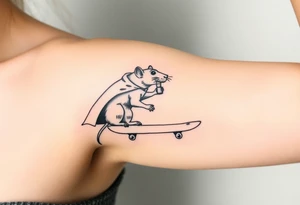 Old rat with a cloak and monocle leaning on a skatebord tattoo idea