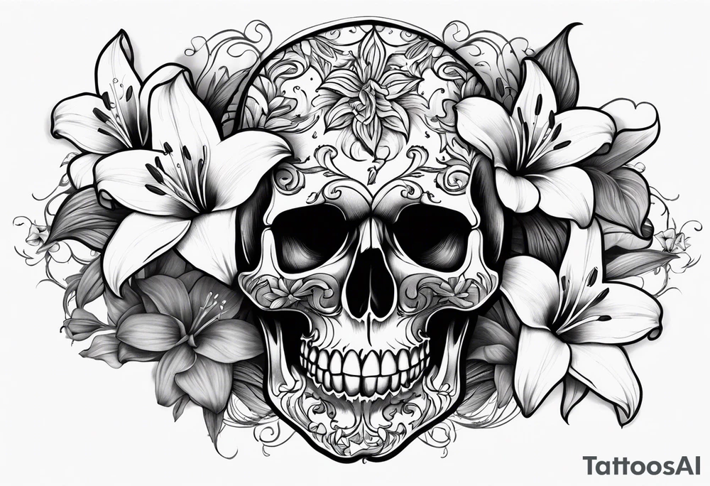 black and white skull with lilies intricate detail tattoo idea