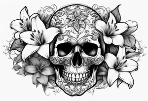 black and white skull with lilies intricate detail tattoo idea