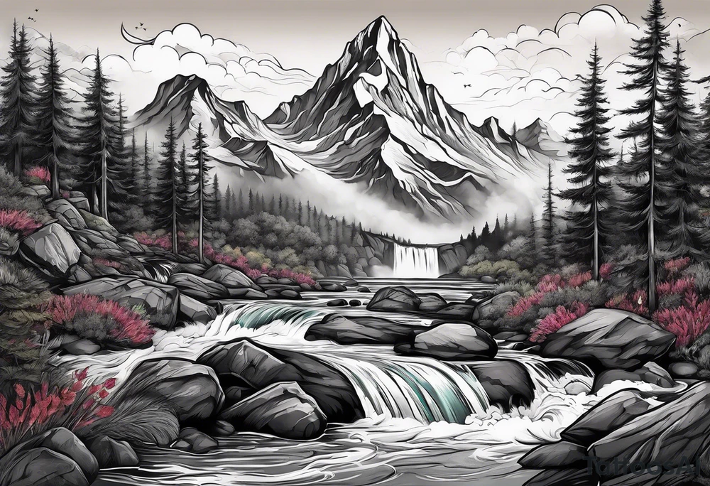 Full sleeve, mountains, river, and waterfall tattoo idea