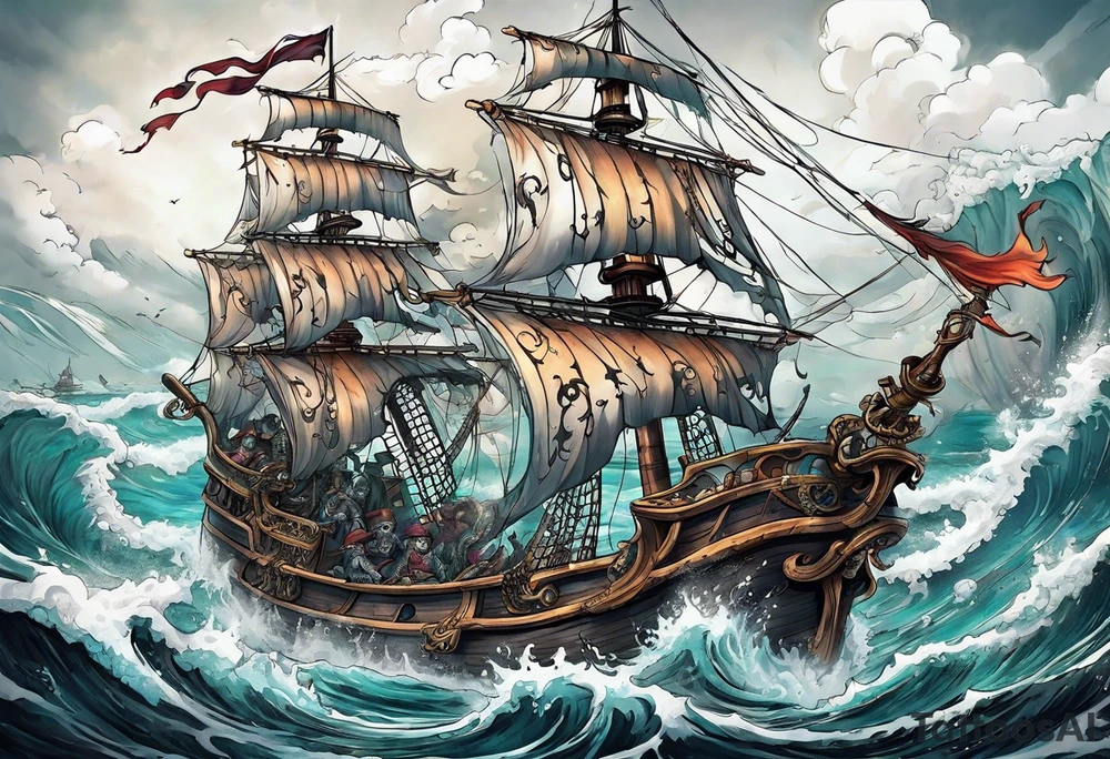 skeleton pirates fighting a sea serpent tattoo idea