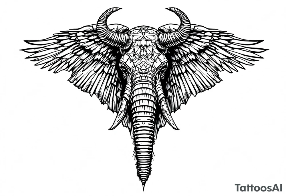 A hieroglyphic, detailing an African elephant with horns and wings that resemble that are a falcons tattoo idea