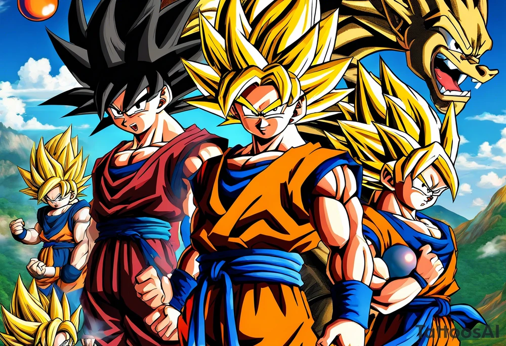 Son-Goku as a child in the foreground and an older version of him as a super saiyajin behind him. A huge dragonball surrounds the whole scenery. Fokus friends are surrounding him as shadows tattoo idea
