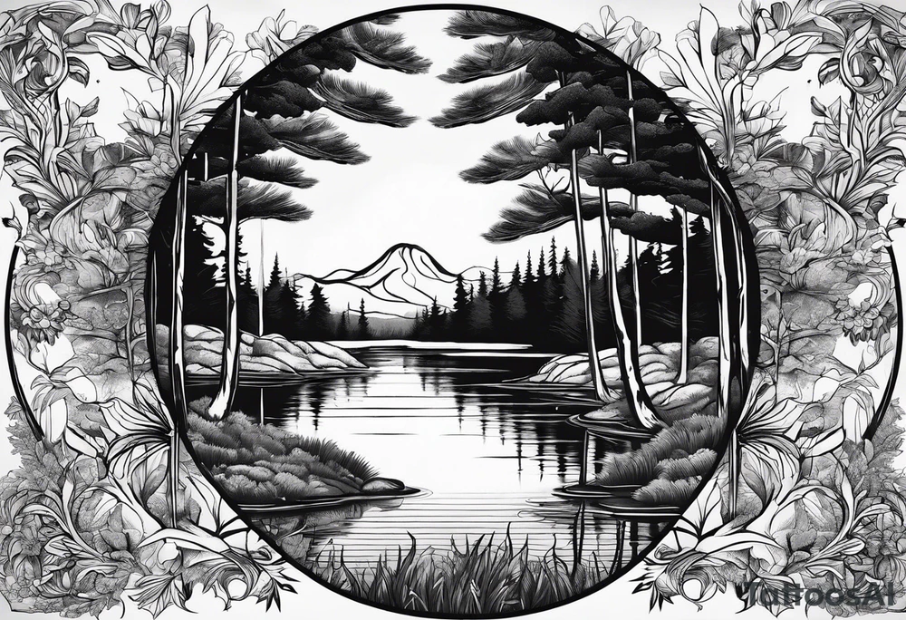 A small forest with a round lake. With a small island in the middle. On the island there a gate tattoo idea