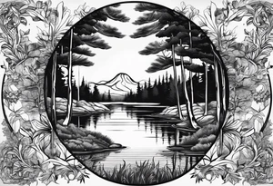 A small forest with a round lake. With a small island in the middle. On the island there a gate tattoo idea