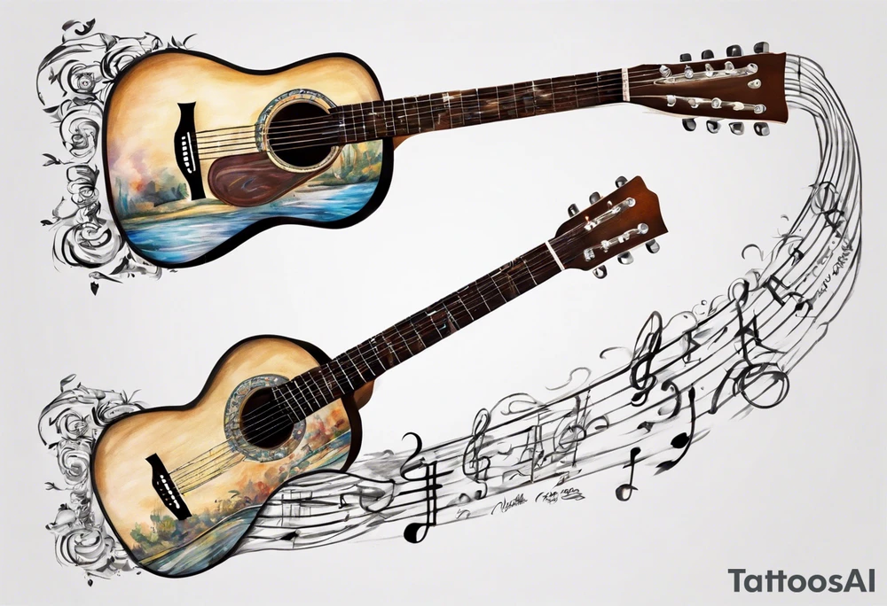 Acoustic Guitar neck with strings made of signatures emerging from skin tattoo idea