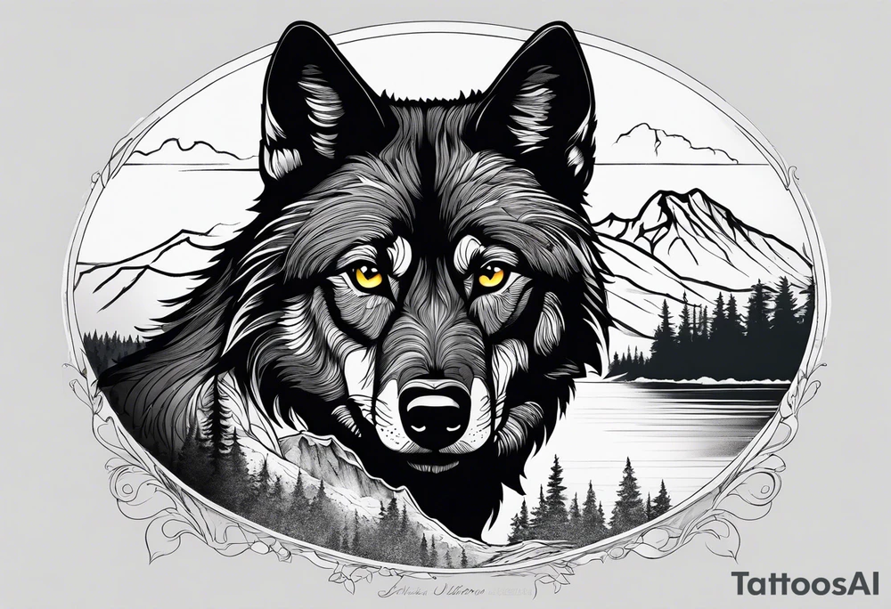 Create a tattoo of a black wolf with mountain/lake but different full selves tattoo idea