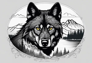 Create a tattoo of a black wolf with mountain/lake but different full selves tattoo idea