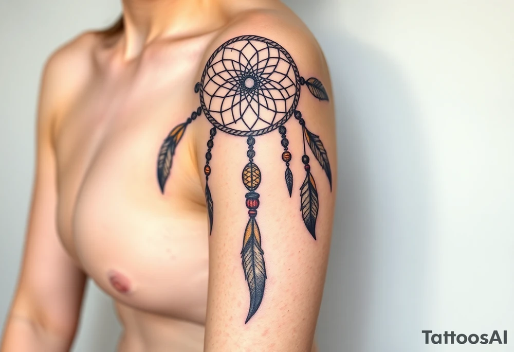 native dreamcatcher with flowing feathers and sacred beads tattoo idea