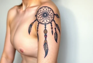 native dreamcatcher with flowing feathers and sacred beads tattoo idea