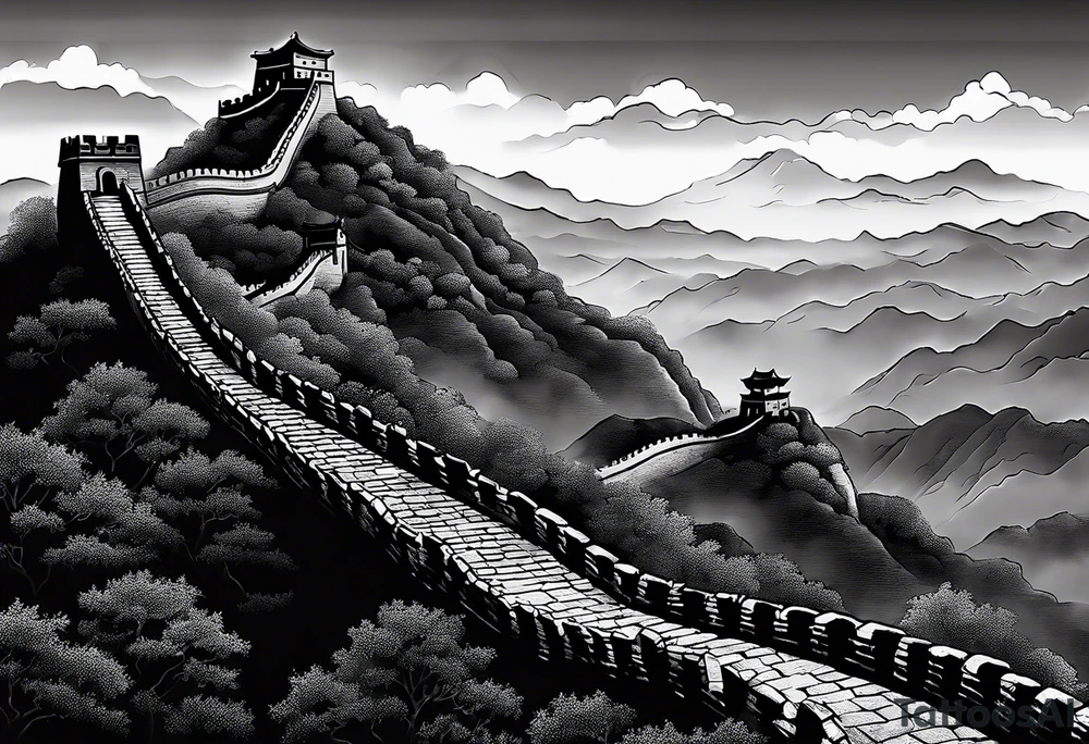 Great Chinese wall, realistic, art, gezeichnet, fine line, black and grey, foggy tattoo idea