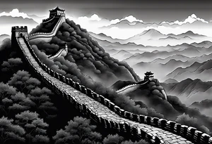 Great Chinese wall, realistic, art, gezeichnet, fine line, black and grey, foggy tattoo idea