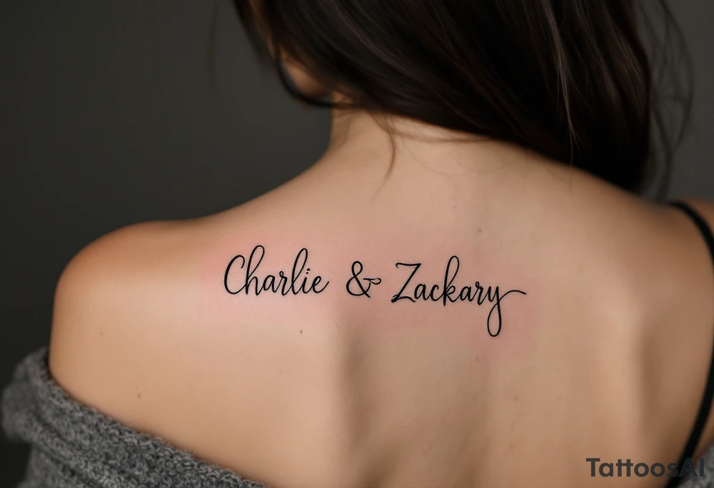 Create a small, elegant tattoo design that incorporates the names "Charlie" and "Zackary" in delicate, flowing cursive. Enclose the names inside a larger, refined symbol to represent unity and protection. Integrate gentle accents tattoo idea