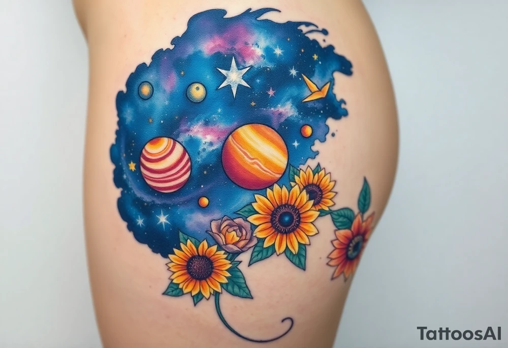 Milky way galaxy with planets with zodiac symbols and protection runes in it with tigerlillies roses and sunflowers tattoo idea
