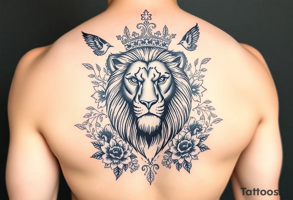 powerful majestic lion with a crown, surrounded by floral ornaments and birds tattoo idea