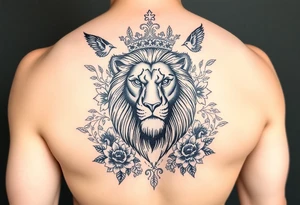 powerful majestic lion with a crown, surrounded by floral ornaments and birds tattoo idea