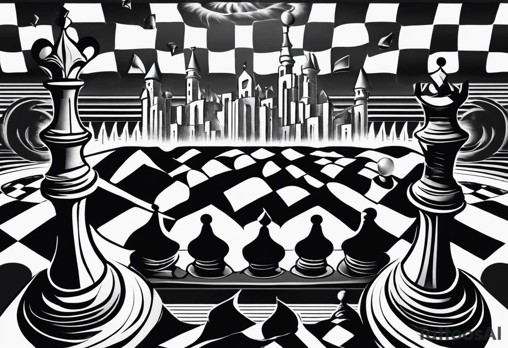 A black-and-white tattoo featuring a chessboard with scattered chess pieces, symbolizing strategy and the unpredictability of life. In the background, an hourglass with sand halfway through represents the passage of time. The chessboard is slightly distorted to give a surreal, maze-like effect. The design uses bold lines and shading to create contrast, with no extra colors, staying true to the black-and-white theme on the hand tattoo idea
