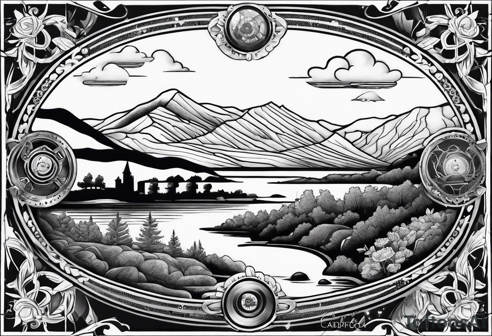 welsh, Cardiff, landscape sleeve tattoo with an infusion of technology, steam punk tattoo idea