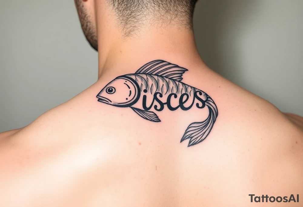 unique zodiac sign merging with the word “Pisces” tattoo idea