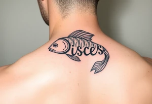 unique zodiac sign merging with the word “Pisces” tattoo idea