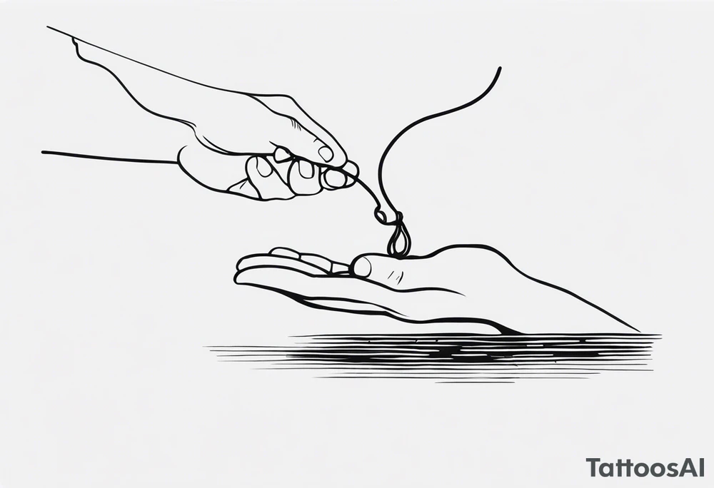 a hand that reaches above a waterline and trys to grab a string, which is handed by another hand tattoo idea