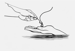a hand that reaches above a waterline and trys to grab a string, which is handed by another hand tattoo idea