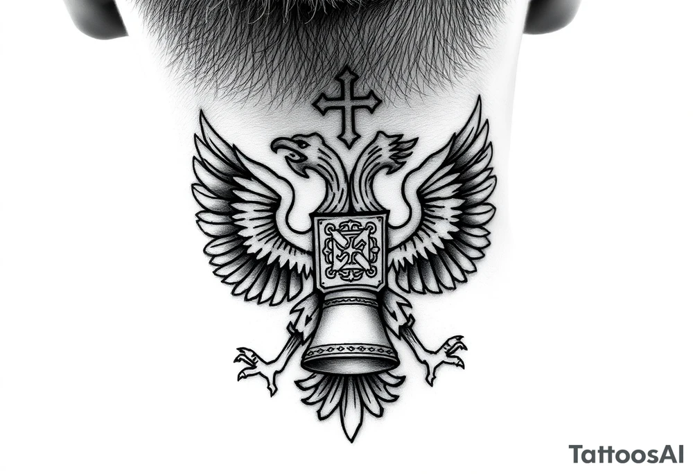 Russian coat of arms with the 2 headed traditional eagles left foot holding a ak47 wand and on the other the tractional orthodox Christian bell with the cross on the top tattoo idea