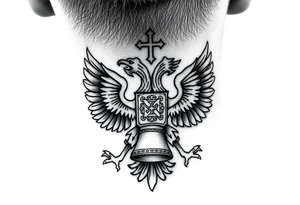 Russian coat of arms with the 2 headed traditional eagles left foot holding a ak47 wand and on the other the tractional orthodox Christian bell with the cross on the top tattoo idea