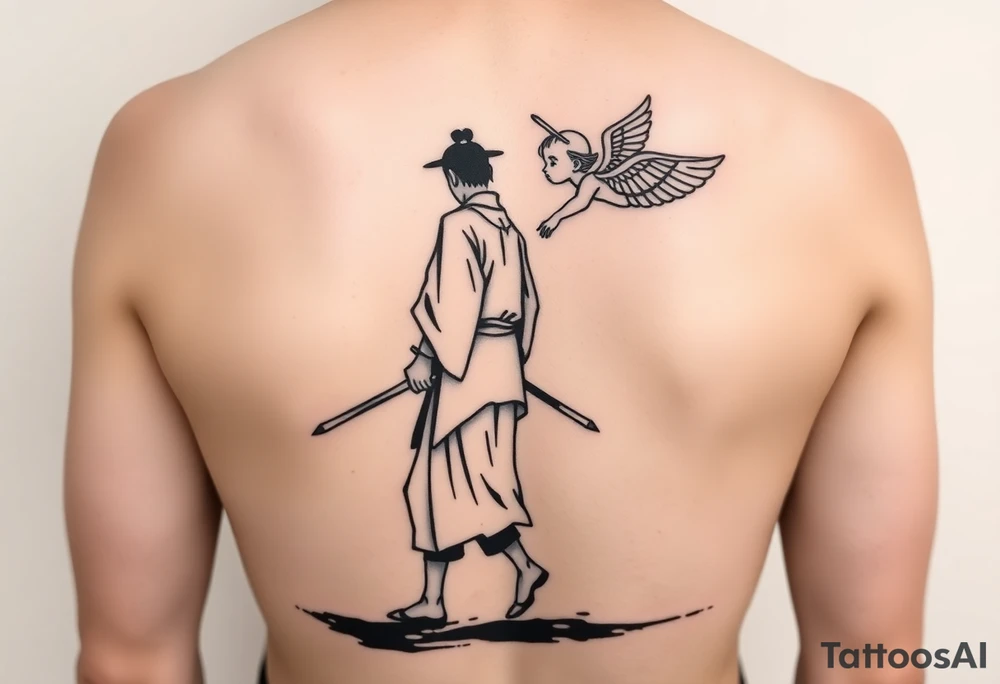 "Blackwork tattoo sketch of a lone samurai walking forward, shown in dramatic silhouette style. The samurai wears traditional kimono and hakama, holding a katana in one hand with the blade pointing downward. Behind him floats a small child angel with detailed feathered wings, gently touching the samurai’s back with one hand, as if stopping or guiding him. Strong contrast, dynamic ink splatter, rough brush strokes, Japanese sumi-e vibe, emotional and symbolic composition, high detail linework, no background." tattoo idea
