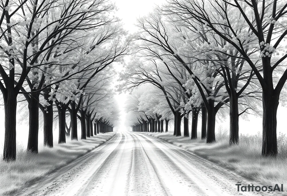 Tree-lined dirt road. Road is rough, little shoulder. Deciduous trees arch across it, meeting in the middle. 

Road should be rougher, more rural. Branches start lower. The trees in the foreground should be bigger — perspective has road getting smaller. 

Make the trees leafier. Branches begin lower on the trunk. 

Much leafier trees. Summer. Can’t see much behind the trees 

Make the trees oak tattoo idea
