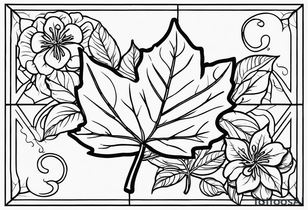 a maple leaf and Tudor rose in the forefront with a vertical rectangle on the left side in the background tattoo idea