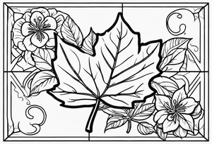 a maple leaf and Tudor rose in the forefront with a vertical rectangle on the left side in the background tattoo idea