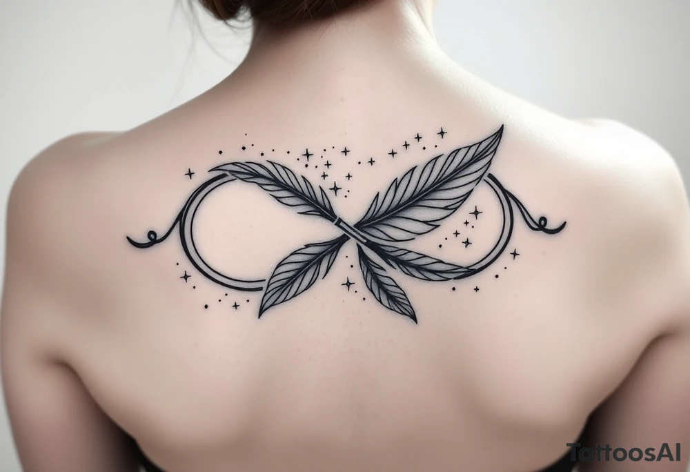 infinity symbol woven with floating feathers and stardust tattoo idea