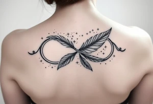infinity symbol woven with floating feathers and stardust tattoo idea