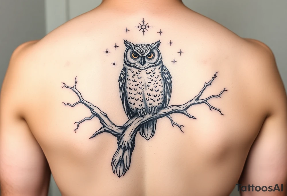 wise owl perched on ancient oak branch under starlit sky tattoo idea