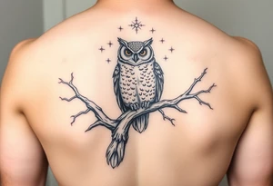 wise owl perched on ancient oak branch under starlit sky tattoo idea