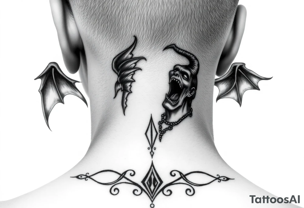 position behind the neck Angel (on the right) whispering in the right ear, demon (on the left) whispering in the left ear tattoo idea
