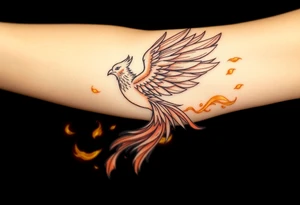 magnificent phoenix rising from golden flames with trailing embers tattoo idea